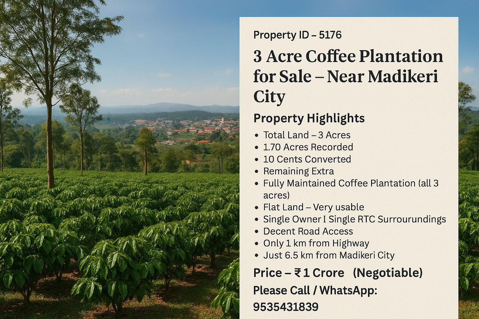 *Property ID – 5176*  🌿 *3 Acre Coffee Plantation for Sale – Near Madikeri City*